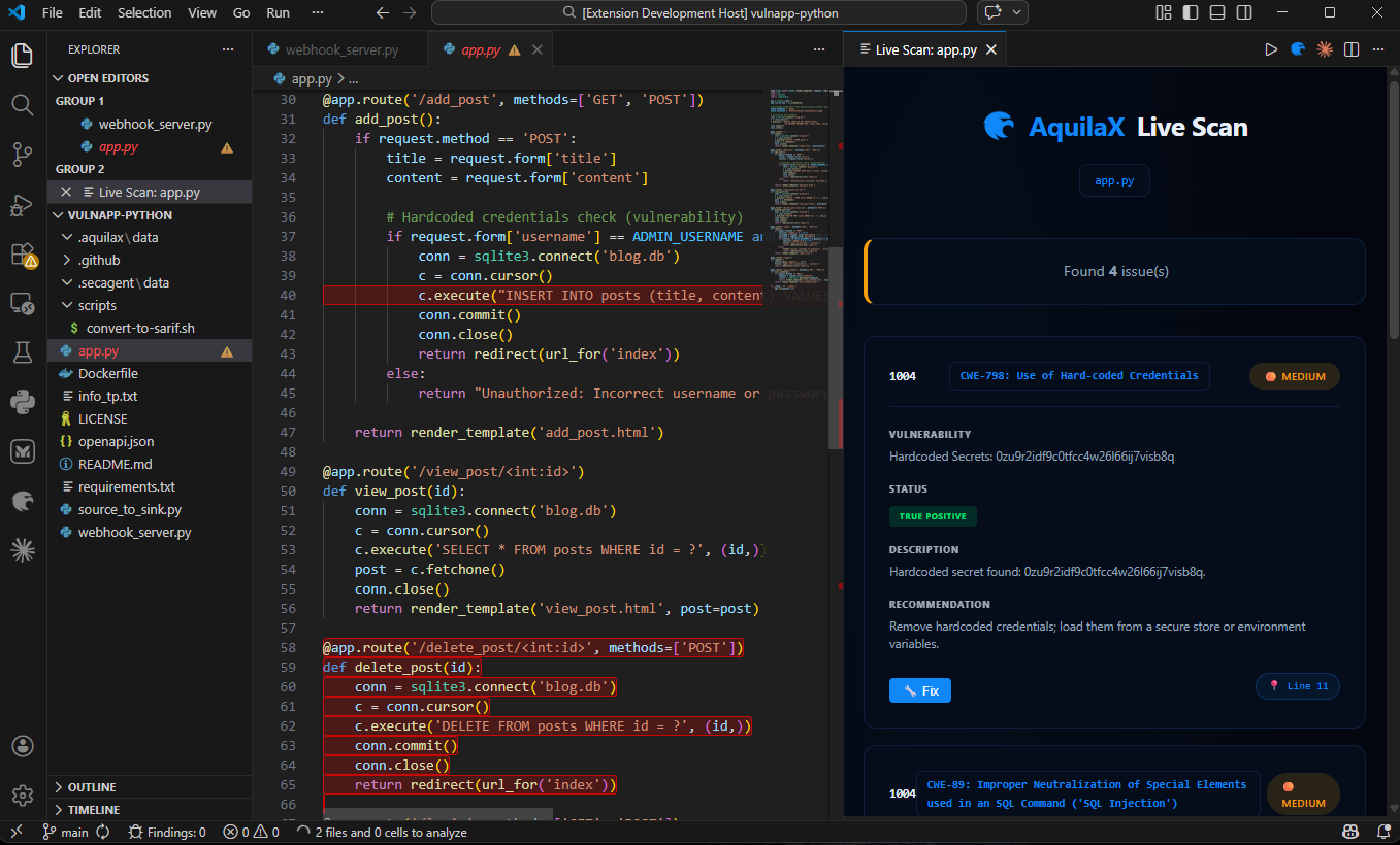 Live Scan panel displaying multiple finding cards with severity and CWE badges